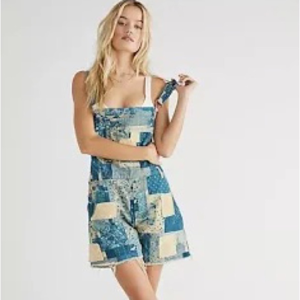 FREE PEOPLE Patchwork overall shorts